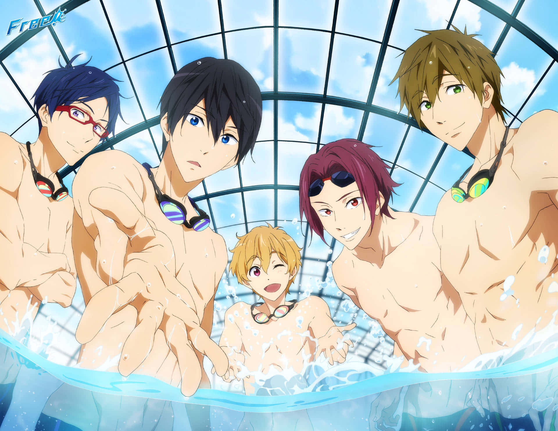 五個動漫男性泳手在玻璃圓頂泳池中潑水。