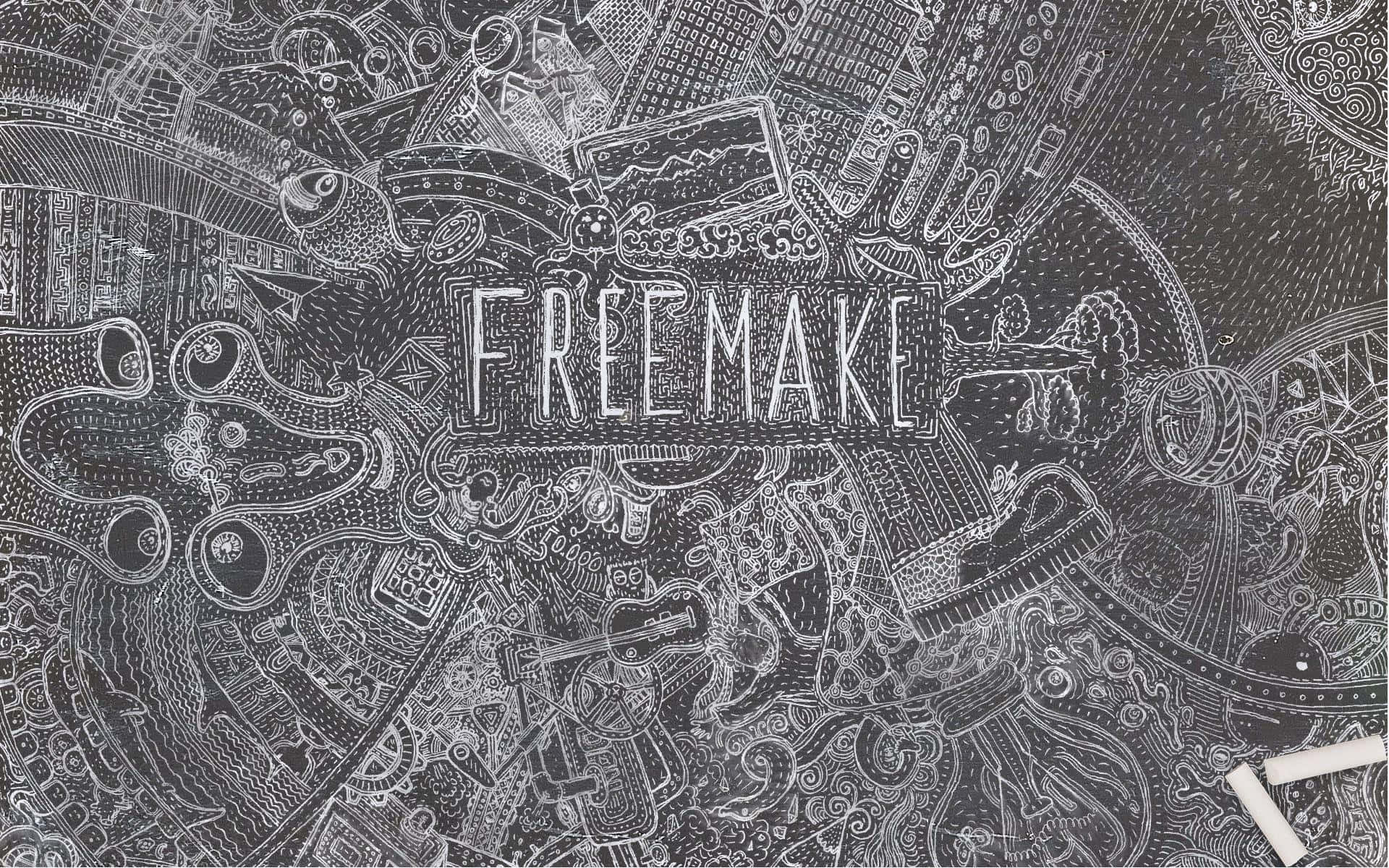 複雜的粉筆塗鴉藝術，以 freemake 這個詞為中心，周圍環繞著奇思妙想的設計。