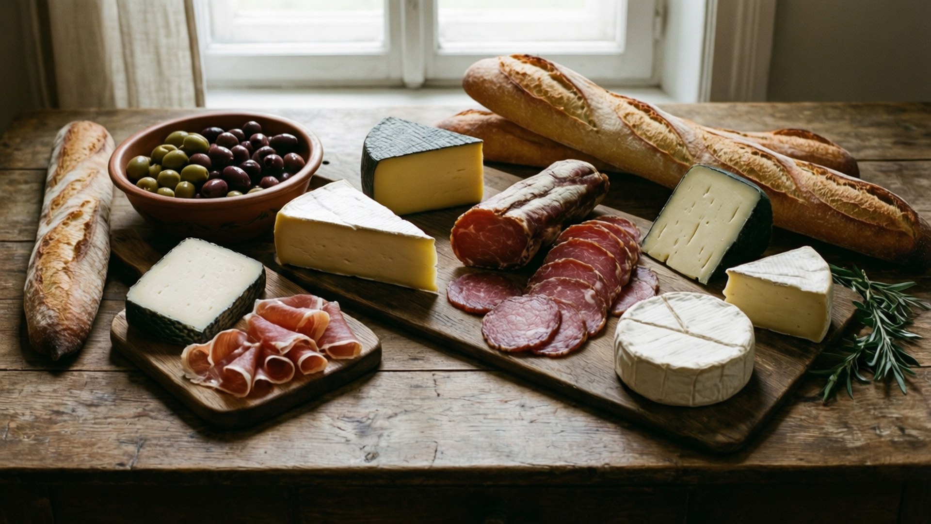 Gastronomy 桌布 壁紙 — 一張質樸的木桌上擺放著令人垂涎的法式熟食拼盤，包括芝士、橄欖、麵包和醃製肉類，沐浴在柔和自然光中。