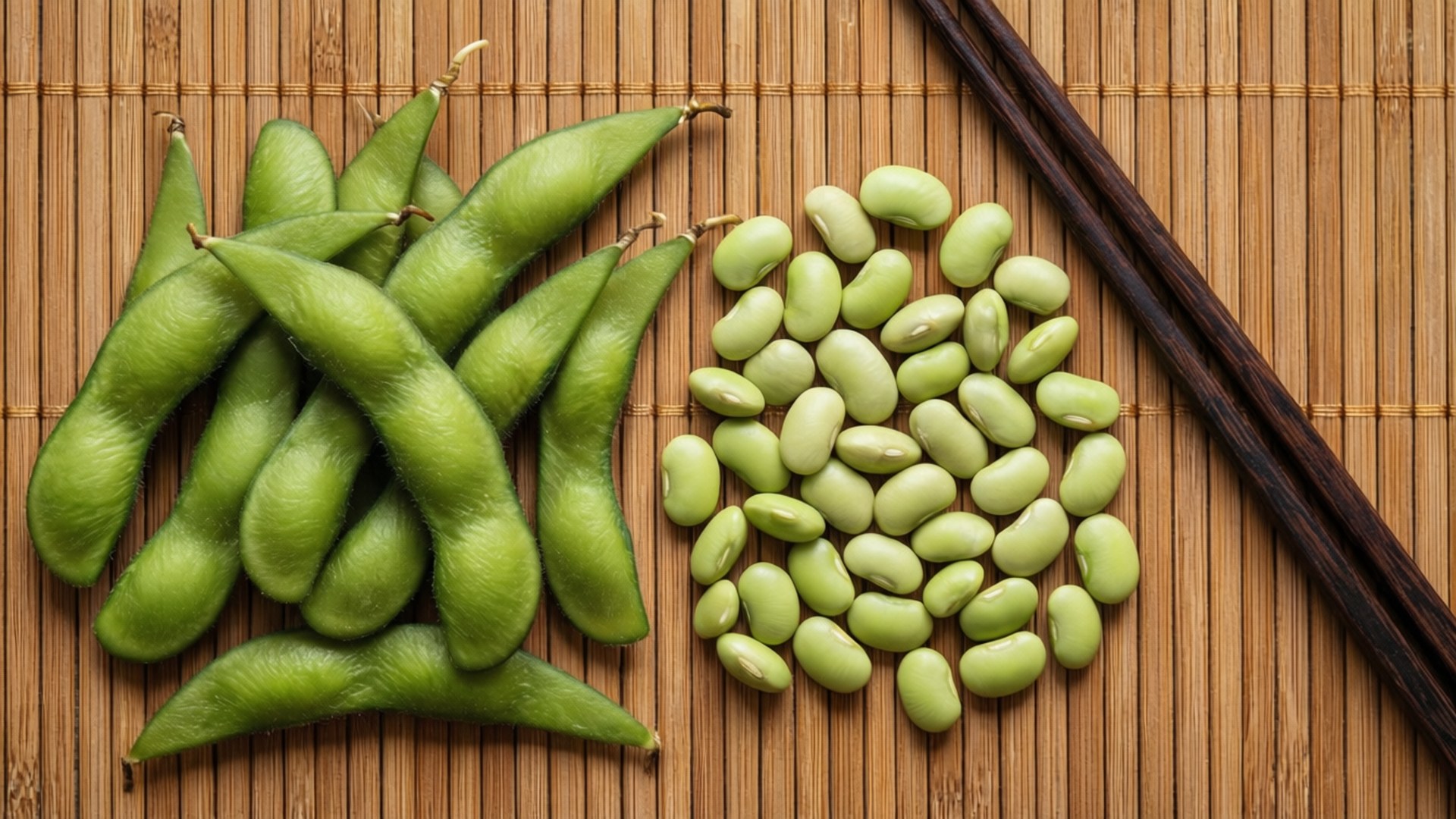 新鮮嘅毛豆莢同剝殼豆喺竹蓆上配筷子。