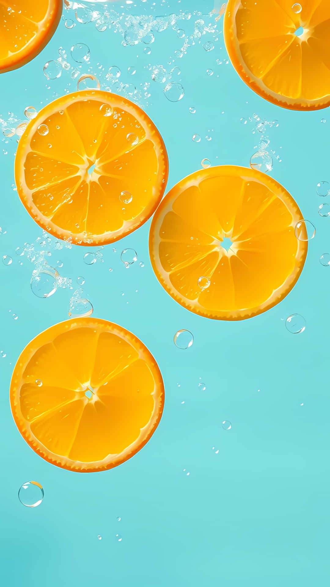 Fresh Orange Slices Floating in Water on Blue Background 壁紙 — 鮮豔的橙片在水中漂浮，背景為綠松石色，周圍有閃閃發光的氣泡。