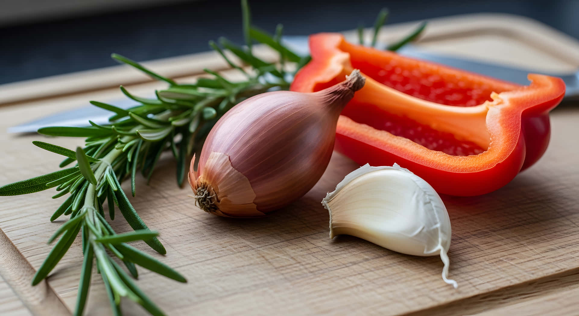 Fresh Rosemary Herb, Aromatic Shallot Bulb, and Red Bell Pepper 壁紙 — 新鮮迷迭香、洋蔥、大蒜和切半的紅甜椒擺放在木製砧板上。