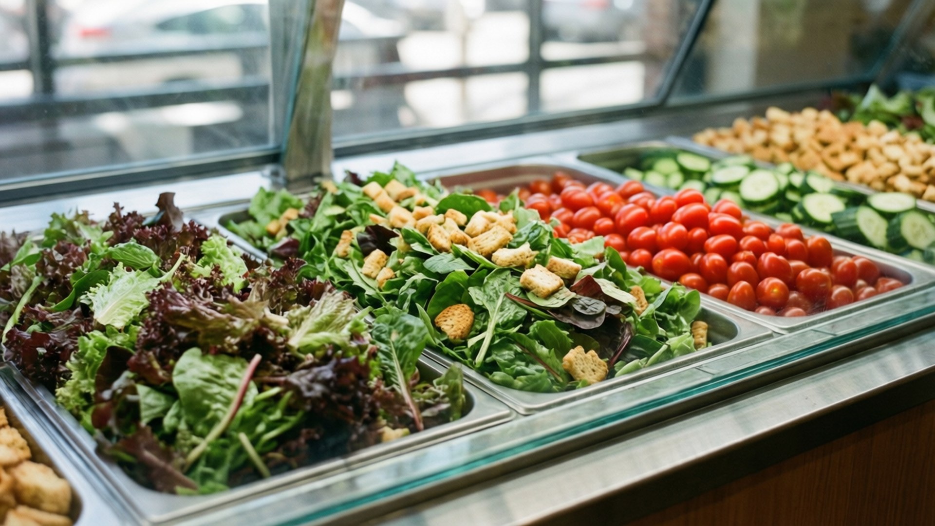Whole Foods Market 桌布 壁紙 — 新鮮充滿活力的沙律配料，如車厘茄、青瓜和雜錦蔬菜，在明亮的咖啡館環境中展示在玻璃下的金屬托盤上。