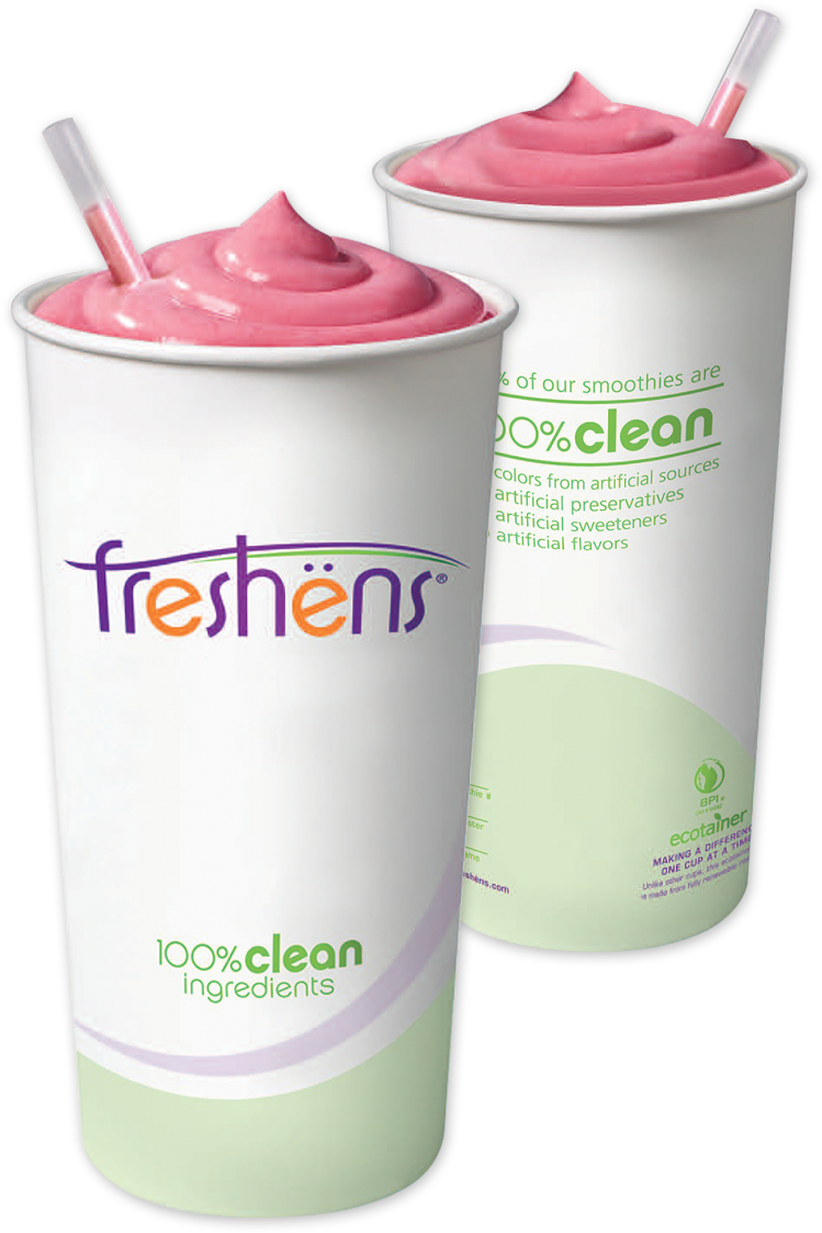 Freshens 環保杯裝果汁 壁紙 — 兩個粉紅色奶昔杯，附有吸管，品牌為 Freshens，背景為黑色。