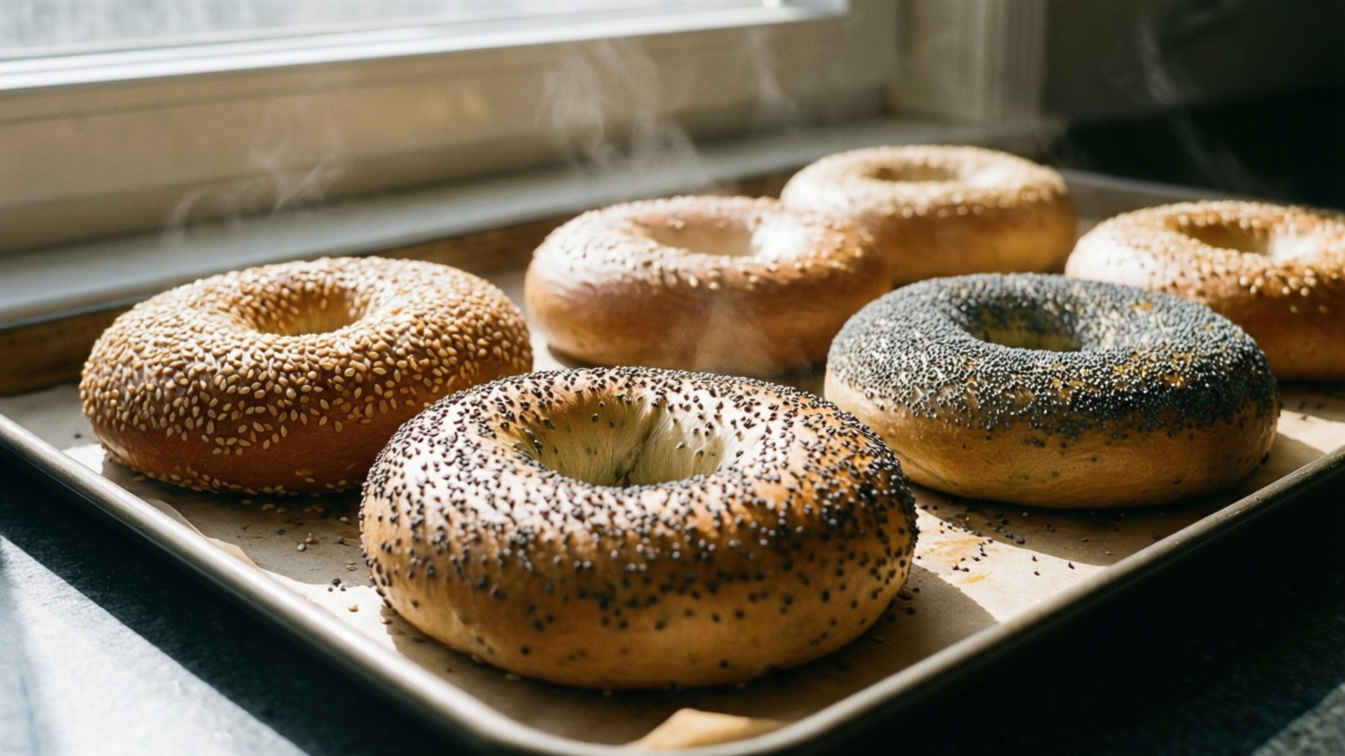 Bagel Morning 壁紙 — 新鮮出爐嘅貝果喺陽光照射嘅窗邊托盤上冒住蒸氣，上面有金色芝麻同罌粟籽配料。