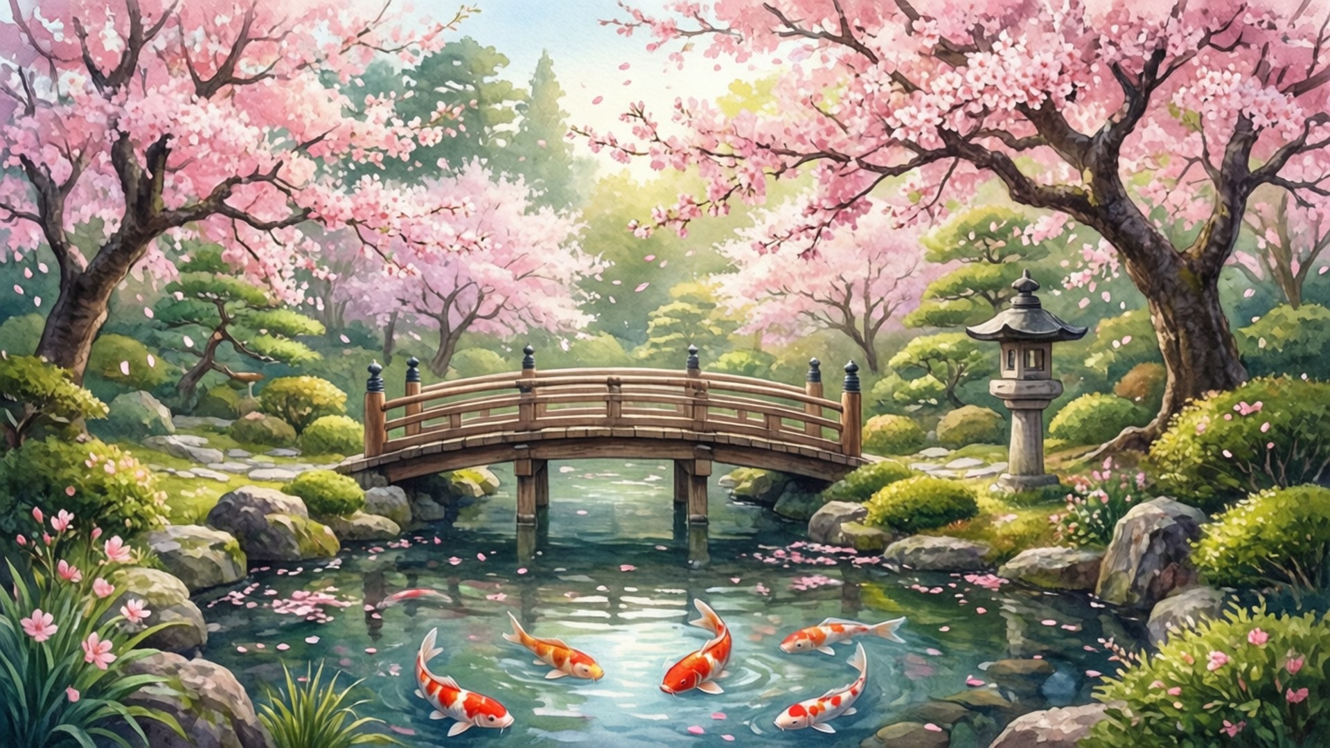 一座木橋橫跨錦鯉池，上方是粉紅櫻花，位於寧靜的日本花園中。