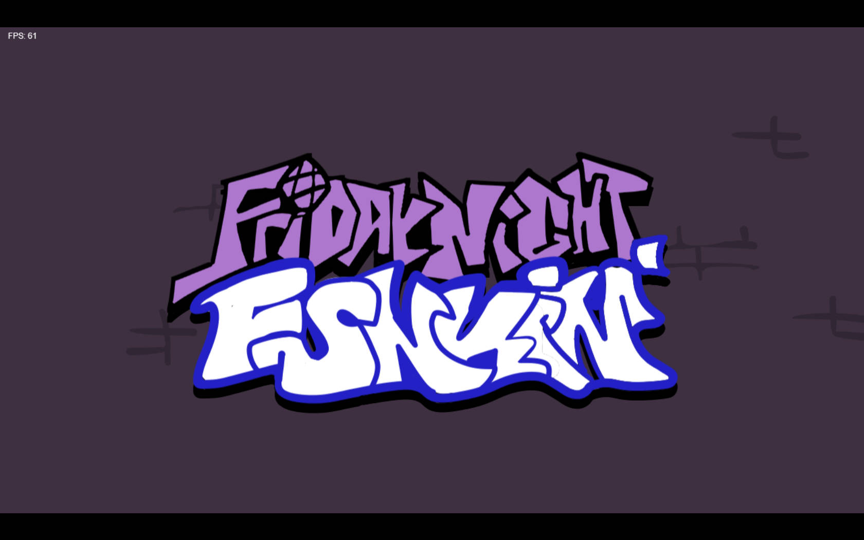 Friday Night Funkin 官方橫幅標誌 壁紙 — 大膽的紫色和白色塗鴉風格文字在深紫色背景上寫著「FRIDAY NIGHT FISHIN'」，帶有模糊的十字標記。