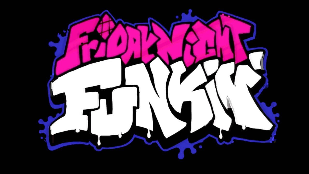 《Friday Night Funkin》官方橫幅標誌 壁紙 — Friday Night Funkin' 嘅大膽塗鴉風格標誌，黑色背景上滴落粉紅色同藍色字母。