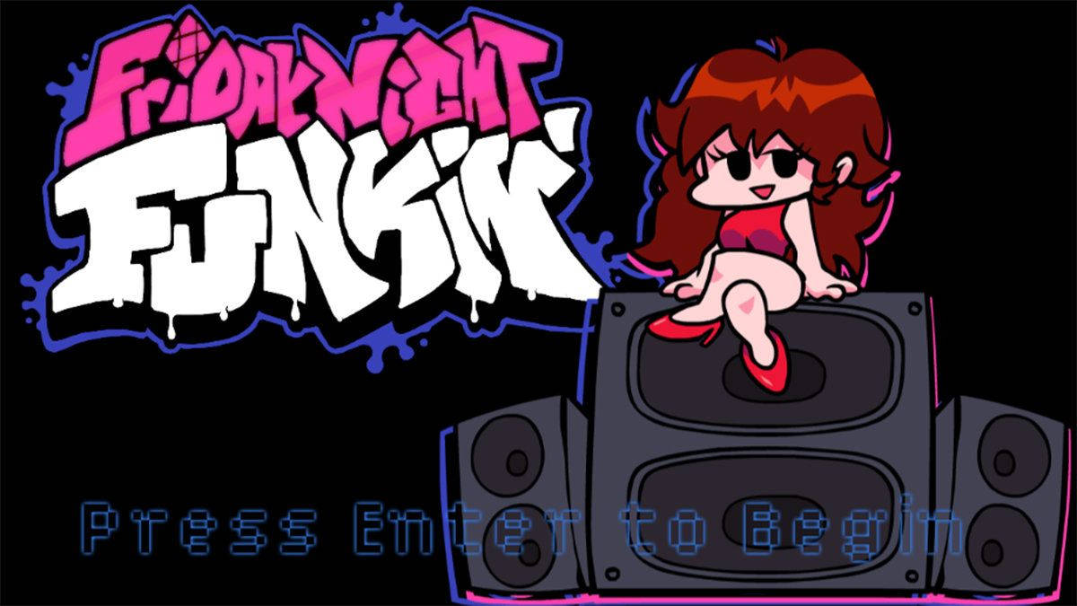 Friday Night Funkin 女友立於黑唱盤 壁紙 — 一個紅髮卡通女孩坐在揚聲器上，旁邊是粗獷的塗鴉風格文字「Friday Night Funkin'」，背景為黑色。