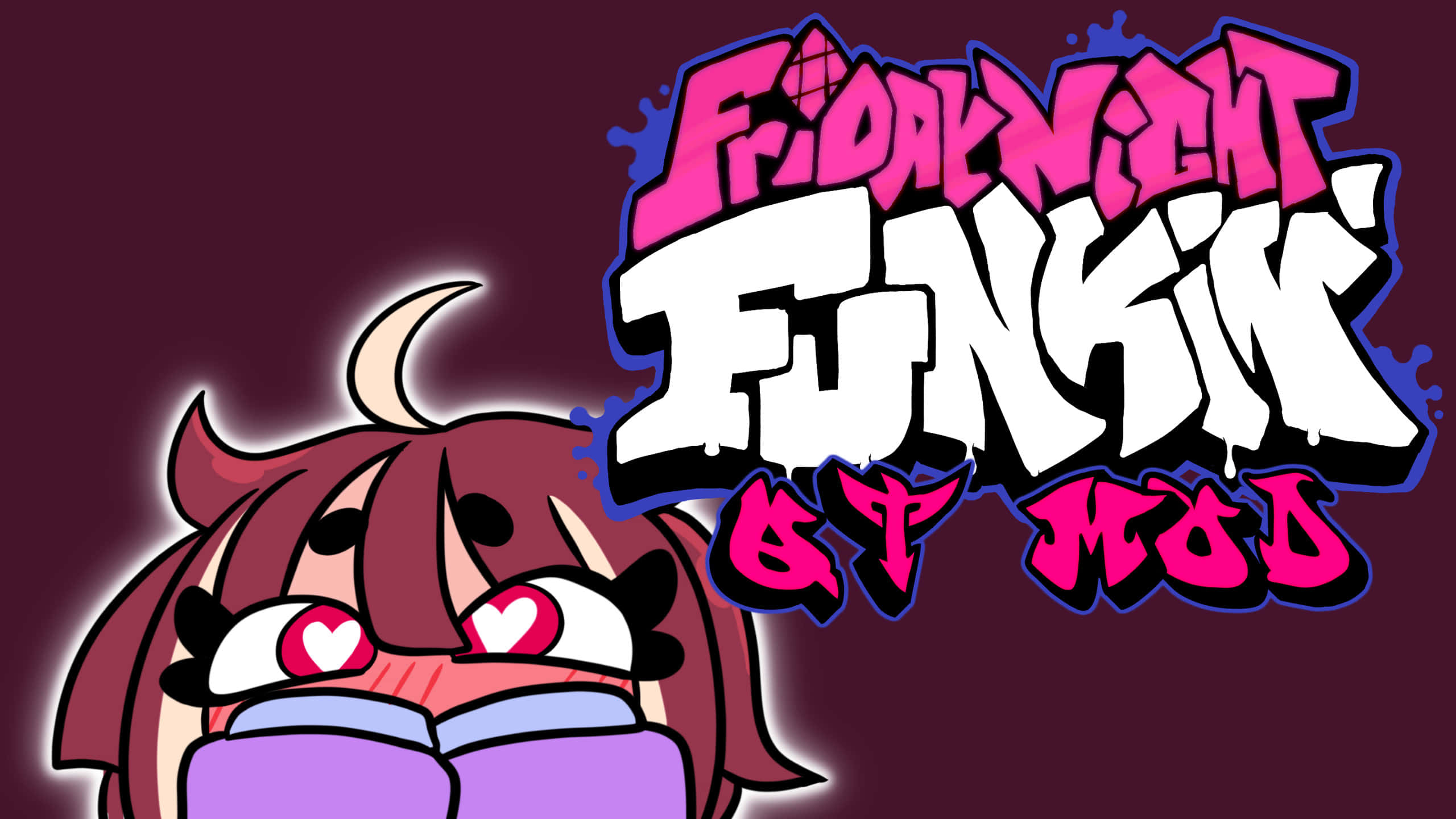 在《Friday Night Funkin》的熱辣節奏中展現你的舞步 壁紙 — 一個卡通角色，有愛心眼和角，在粗體塗鴉風格文字「Friday Night Funkin'」旁邊微笑。