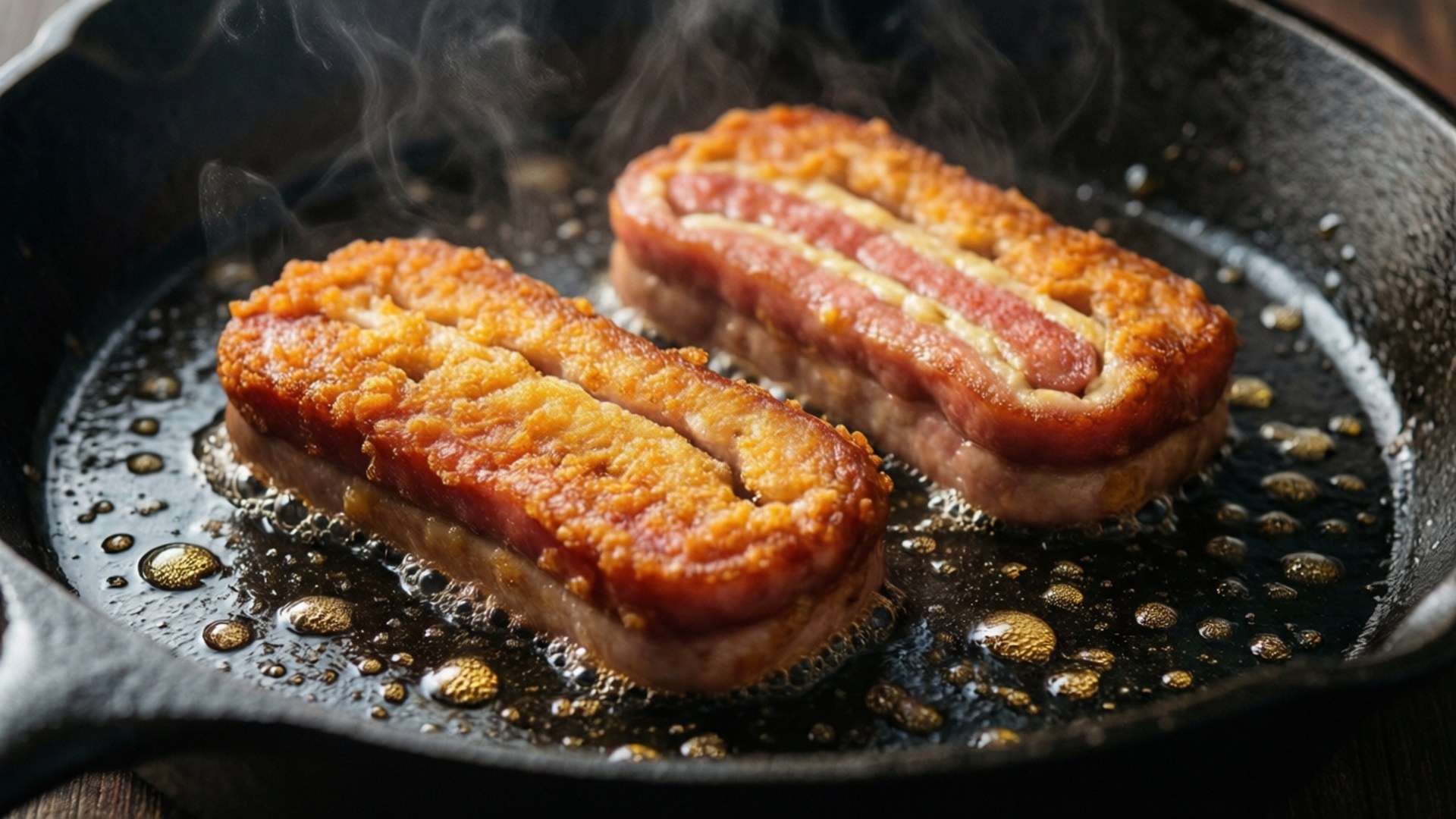 兩條煙肉包裹的熱狗在鑄鐵煎鍋中煎炸，蒸汽升騰。