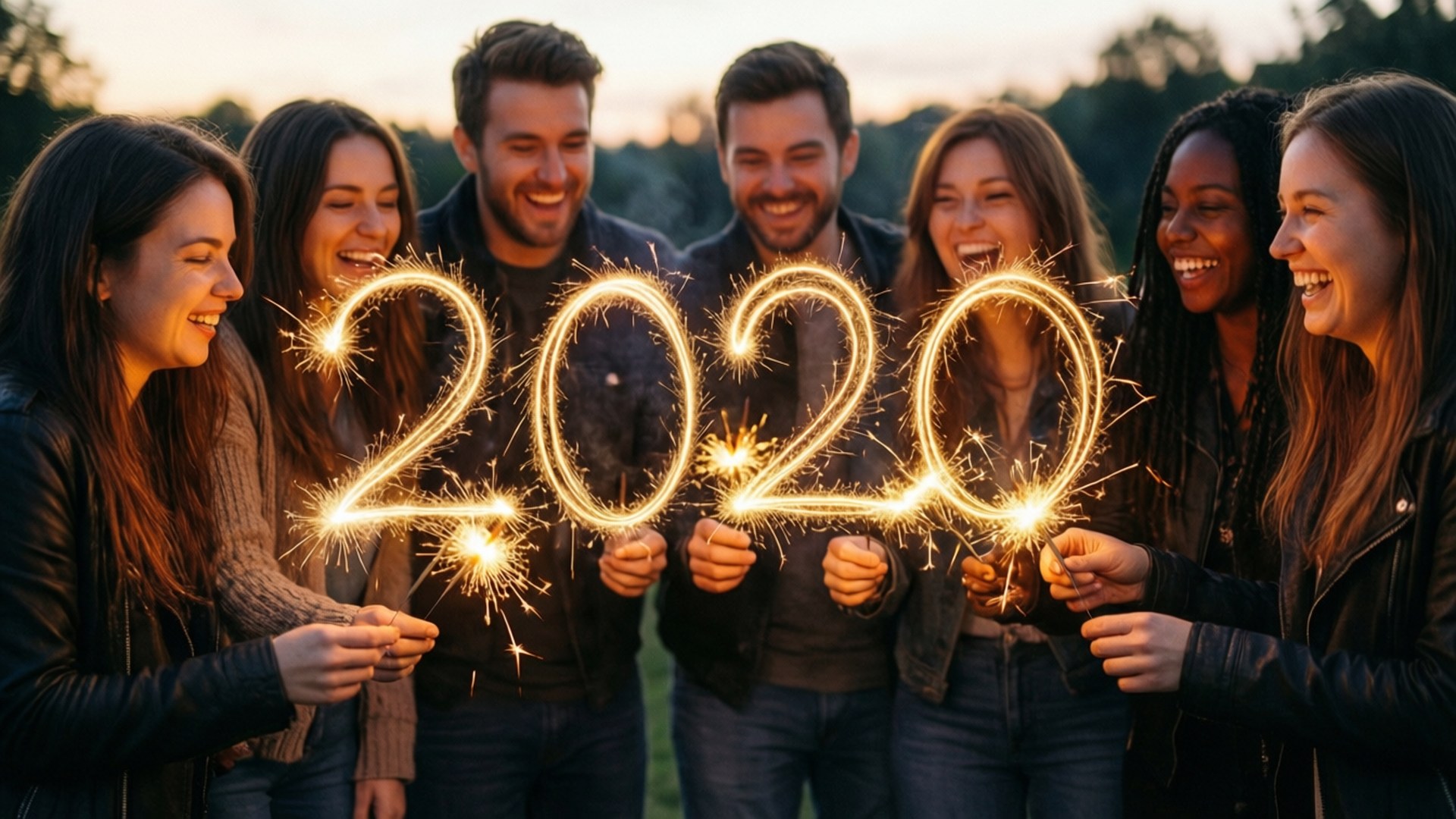 七位朋友手持2020形狀的煙花，在日落時戶外大笑
