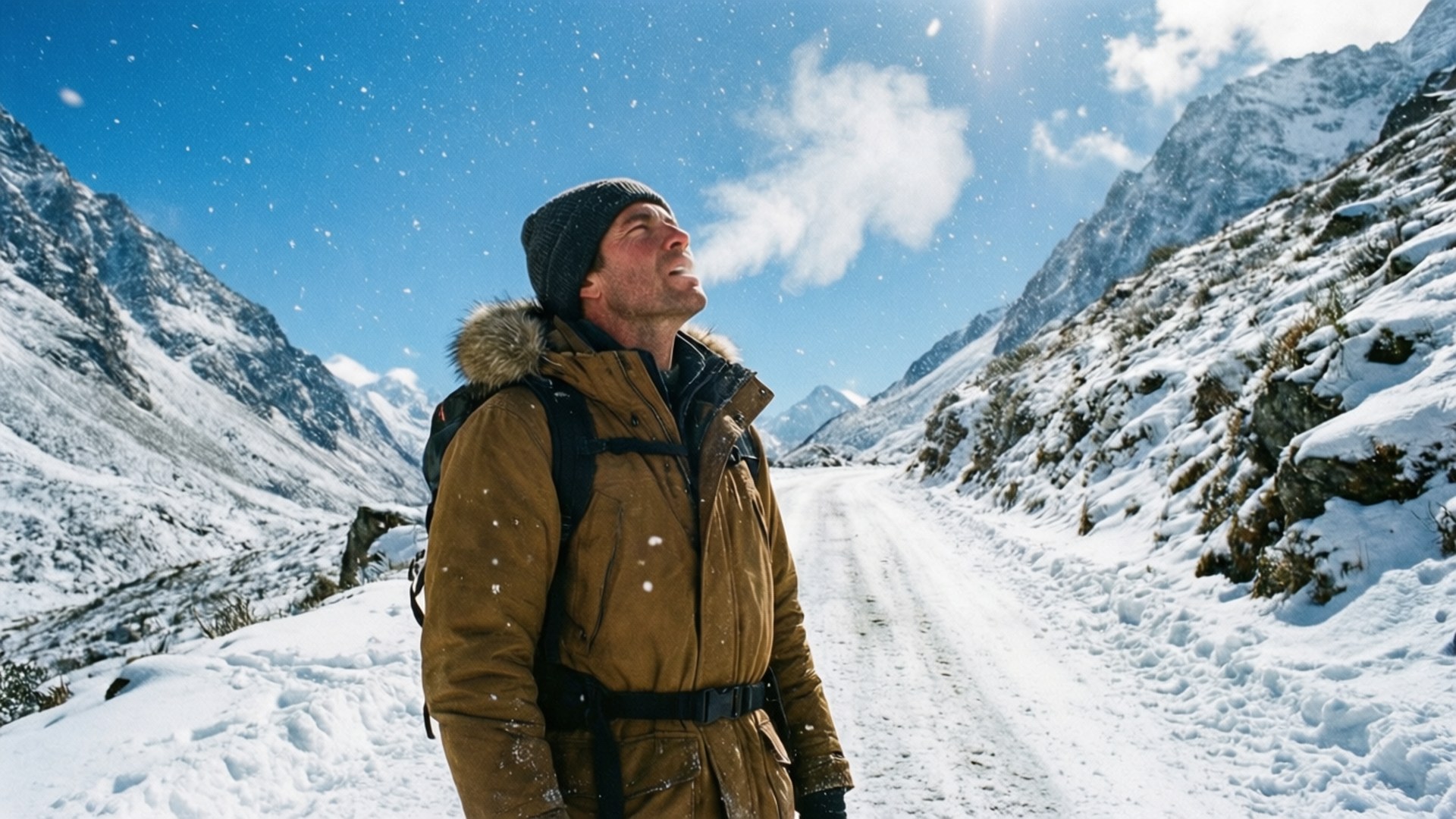 男子穿著冬季裝備站在積雪的山路上呼吸冷空氣