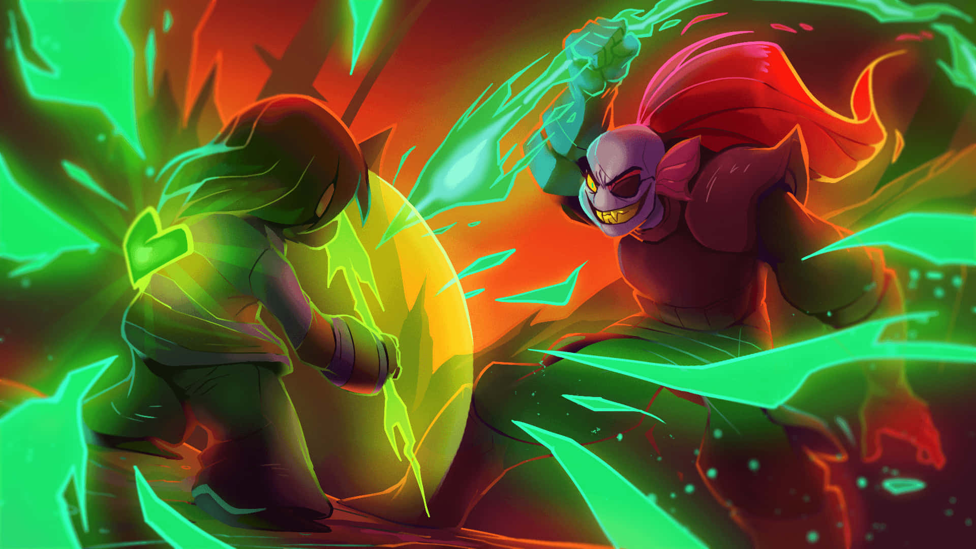 Frisk 在 Undertale 世界中沿小徑前行 壁紙 — 兩位風格化的戰士在充滿活力的霓虹燈戰鬥中碰撞，帶有發光的綠色能量和火熱的橙色背景。