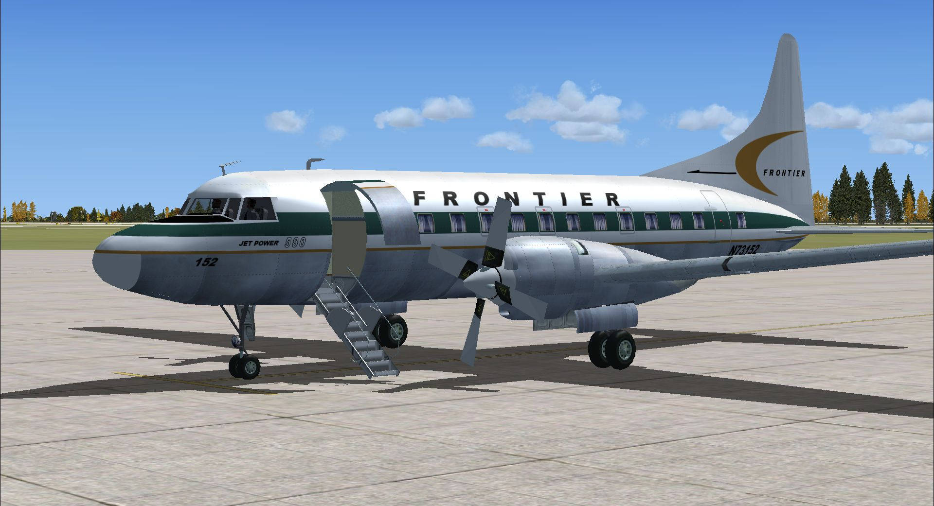 復古 Frontier Airlines 螺旋槳飛機在停機坪上，登機梯展開。