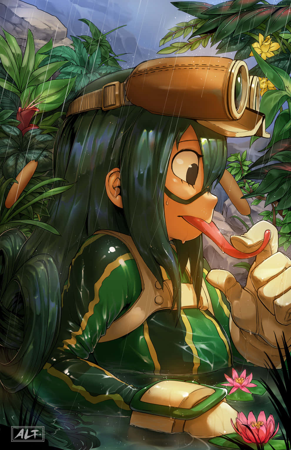 Froppy欣賞大自然之美 壁紙 — 一個年輕的動漫女孩，綠色頭髮，戴著護目鏡，坐在雨淋的叢林中，舔著一條紅蛇，周圍是茂密的樹葉和粉紅色的蓮花。