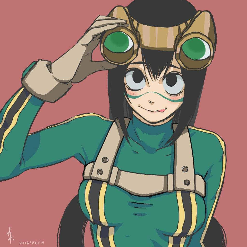 Froppy在草地上自由嬉戲 壁紙 — 一個開心的動漫女孩，黑髮戴綠色護目鏡，在純粉紅色背景前調整護目鏡。
