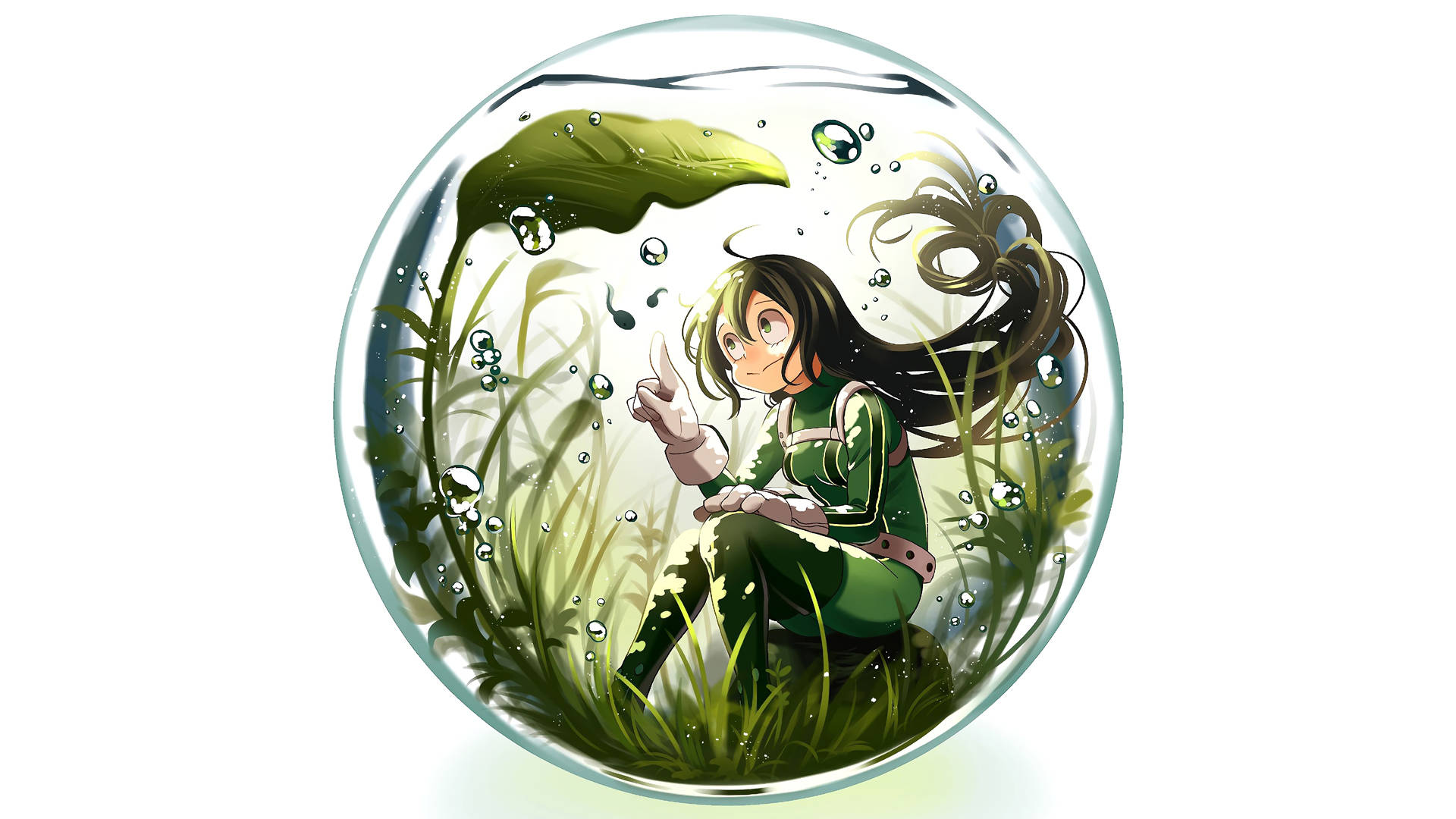 動漫女孩穿著綠色衣服在玻璃球內，周圍有植物和氣泡。