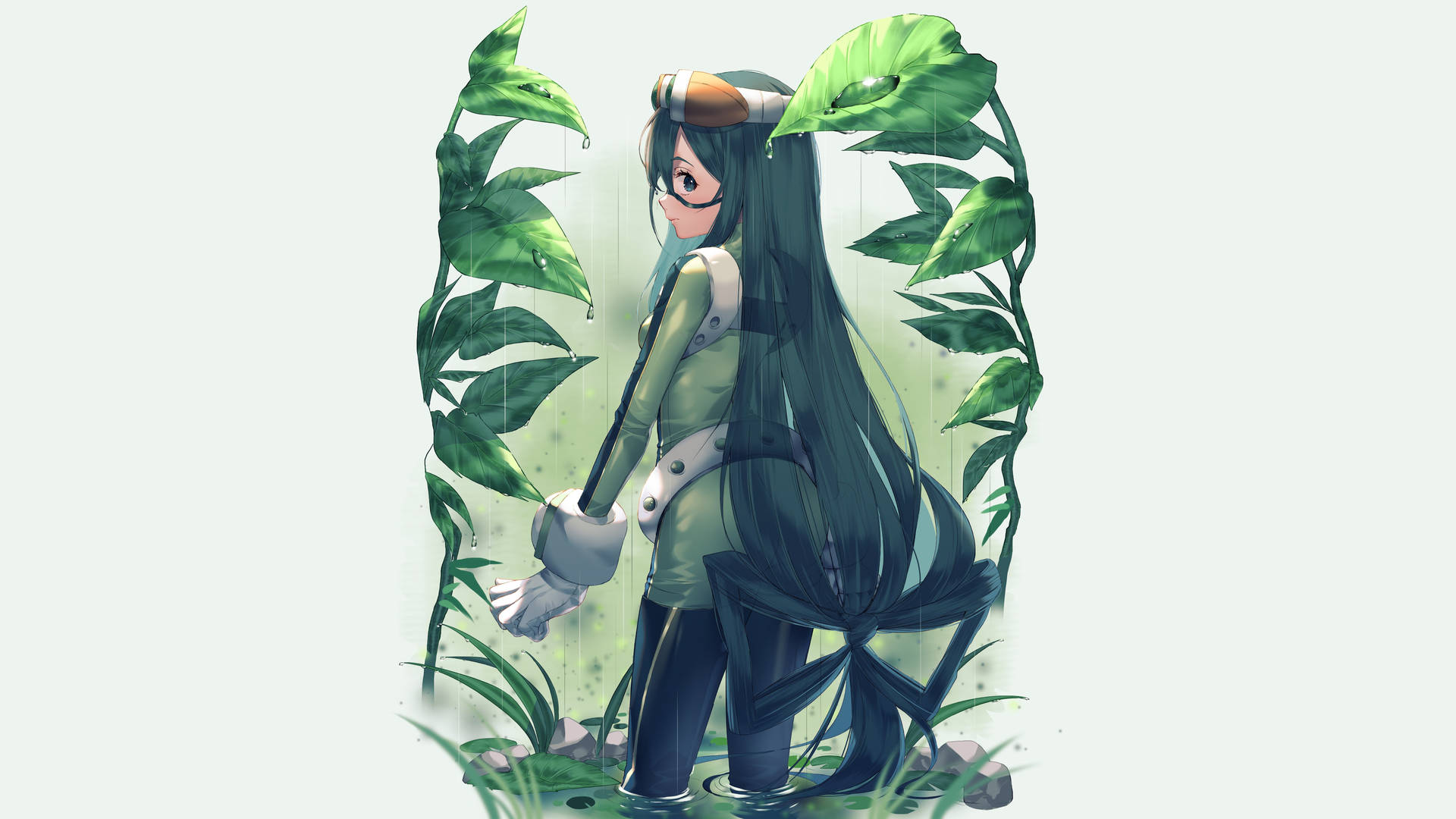 戴護目鏡和長髮的動漫女孩站在雨中，周圍是綠色藤蔓。