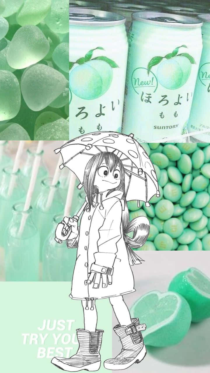 動漫女孩撐傘，周圍環繞著薄荷綠色汽水和糖果，並附有勵志文字。