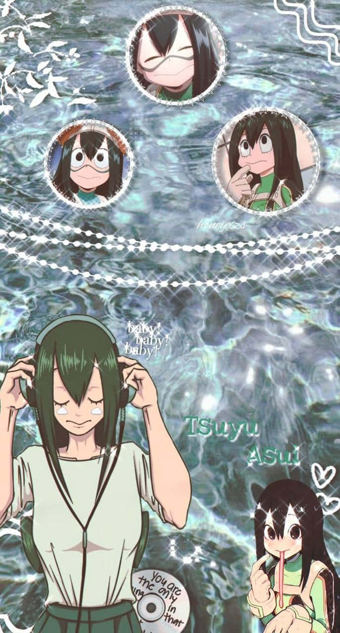 綠髮動漫女孩戴著耳機，在水主題背景中，有漂浮的角色肖像。