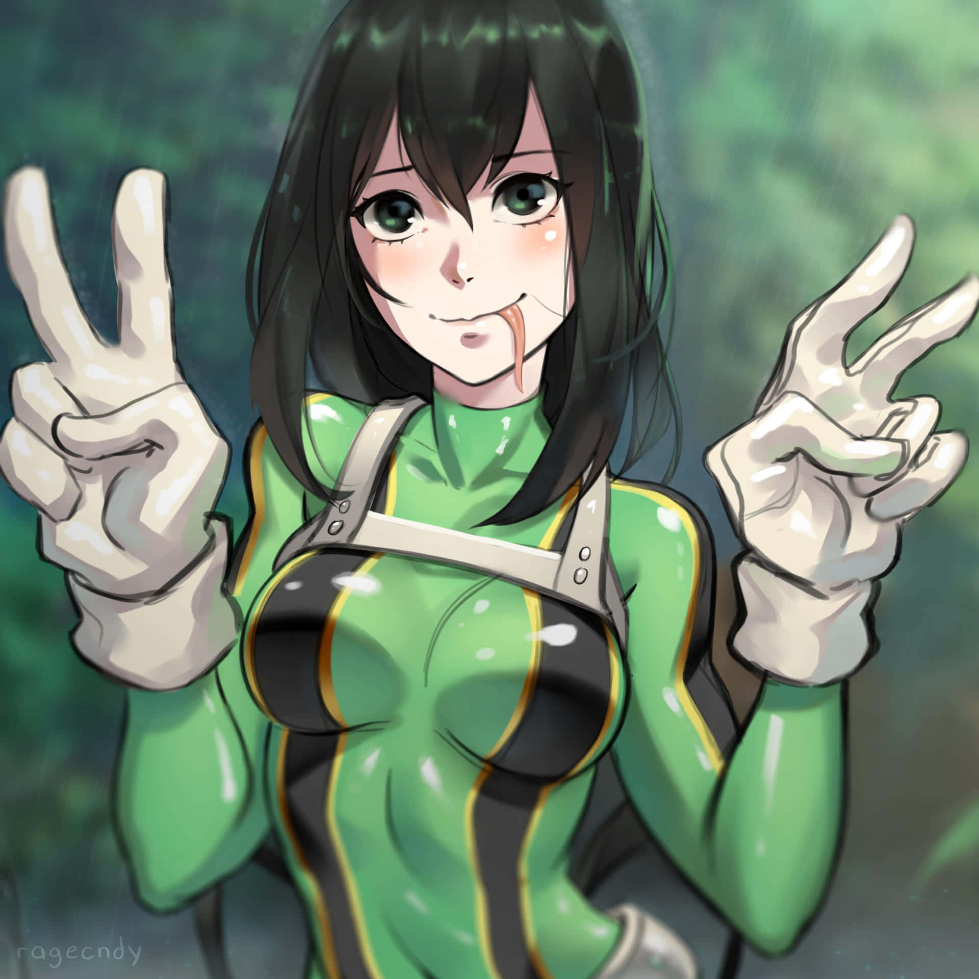穿著綠色服裝的動漫女孩，帶著頑皮的笑容伸出舌頭比出和平手勢。