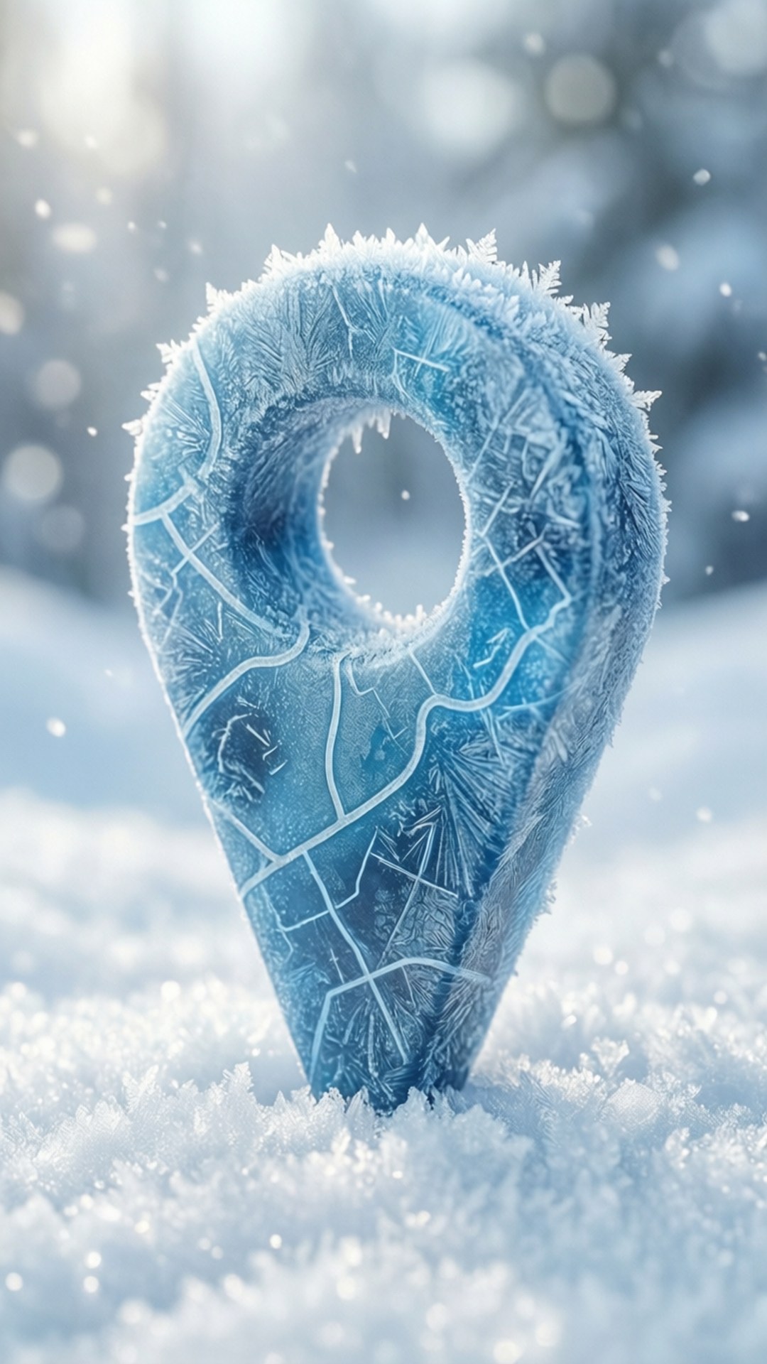 雪景中結冰的地圖圖釘，帶有冰晶和模糊的樹木。