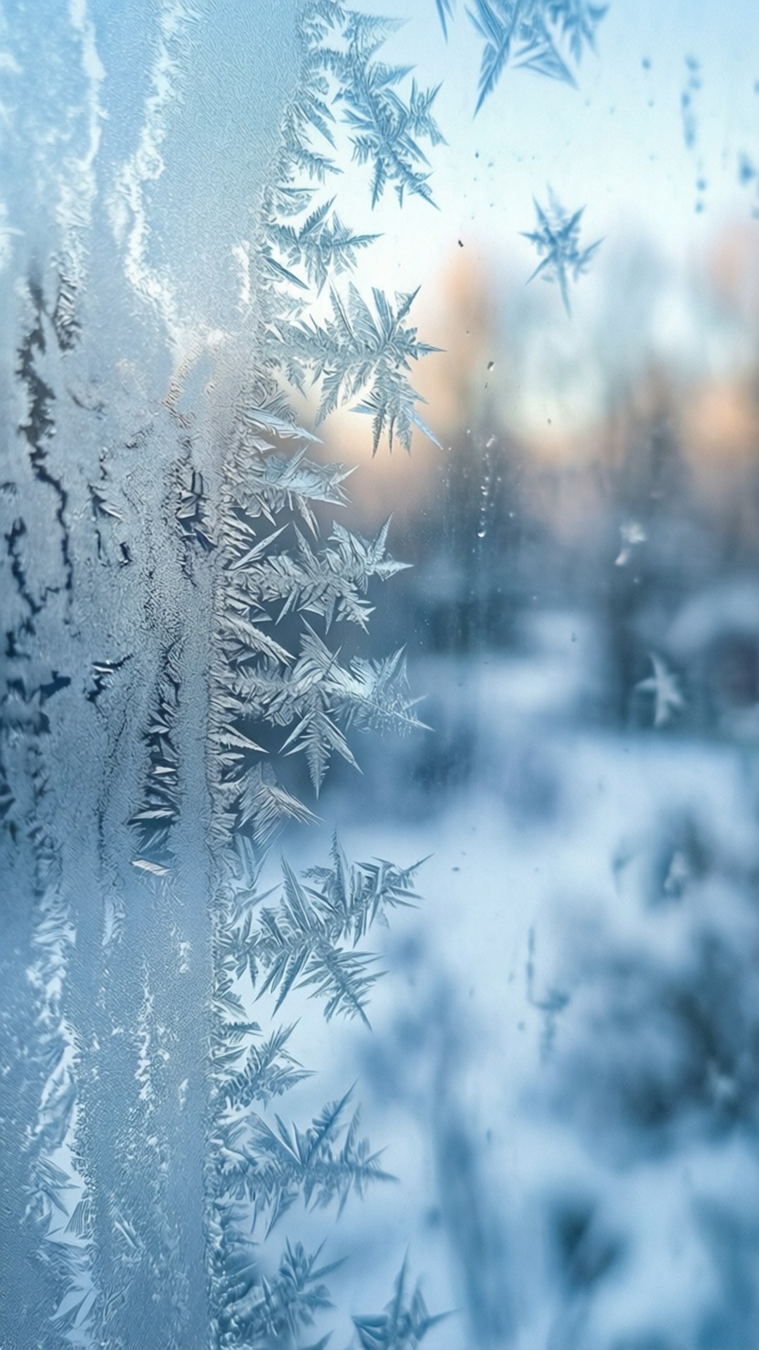 窗戶上的霜花圖案，背後有雪景在柔焦中