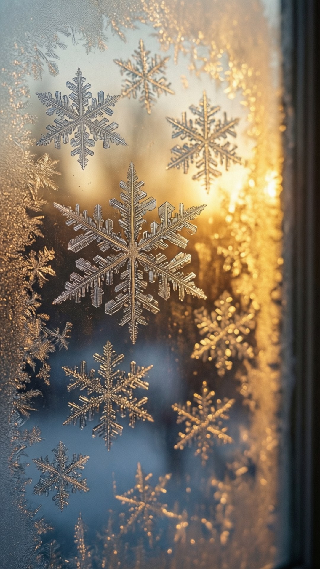 窗戶上的霜花圖案，雪花在金色夕陽光中閃耀