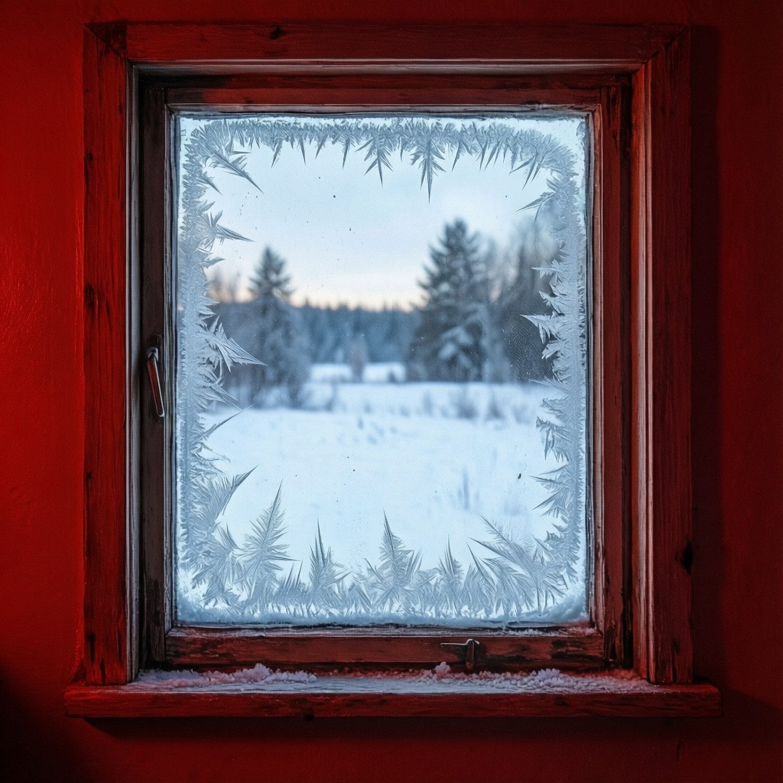 霜花圖案裝飾著一扇紅色木窗，窗外是白雪皚皚的冬季森林。
