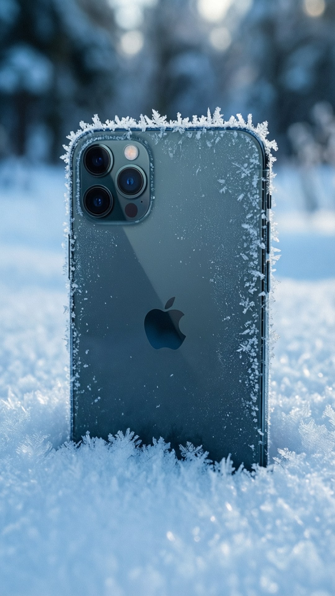 Frosty Winter iPhone 壁紙 — 一部結霜的 iPhone 13 Pro Max 直立於深雪中，背景有模糊的冬日樹木。