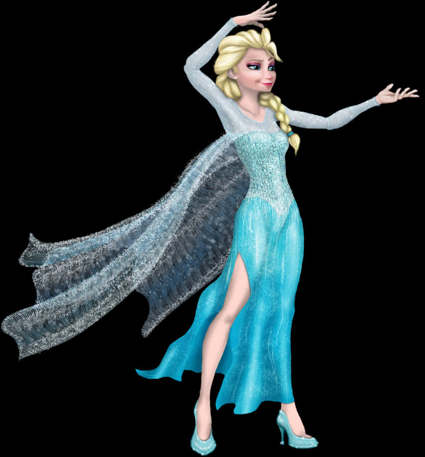 優雅的艾莎 Frozen 角色姿勢 壁紙 — 《魔雪奇緣》中的愛莎身穿閃爍的冰藍色長裙，在純黑背景下擺出優雅的姿勢。