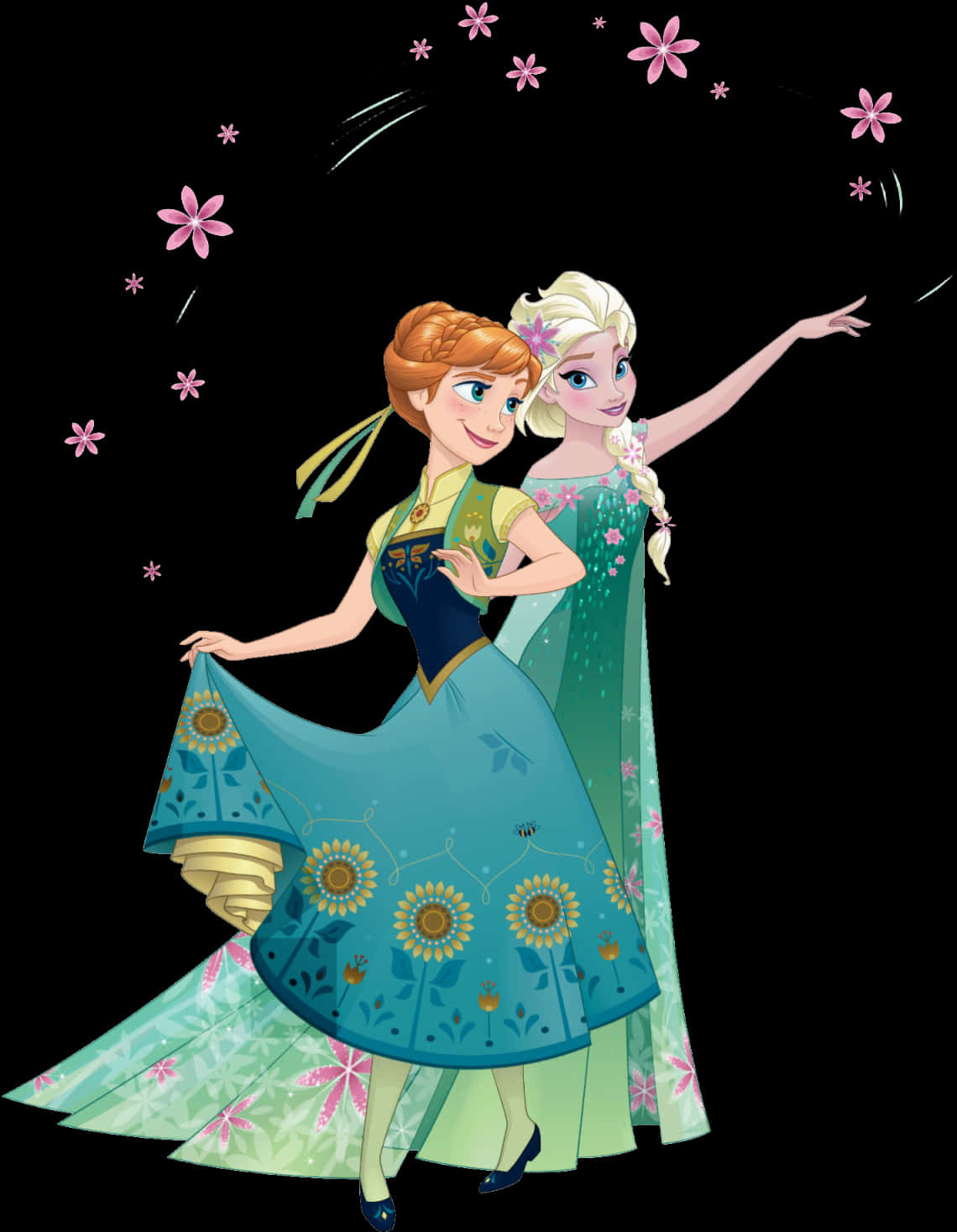 艾莎與安娜 Frozen 兄妹花卉背景 壁紙 — 《魔雪奇緣》的安娜和愛莎在黑色背景下，身穿花卉圖案連衣裙，粉紅色的花朵在她們周圍旋轉，歡快地跳舞。