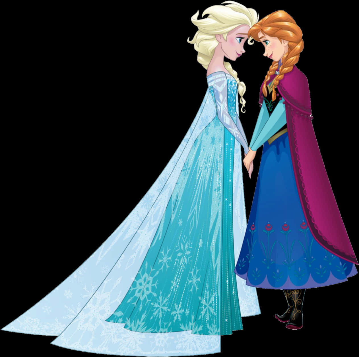 艾莎與安娜 Frozen 兄妹 壁紙 — 《魔雪奇緣》中的愛莎和安娜穿著優雅長裙，在黑色背景前緊密相依，雙手緊握，展現溫柔一刻。