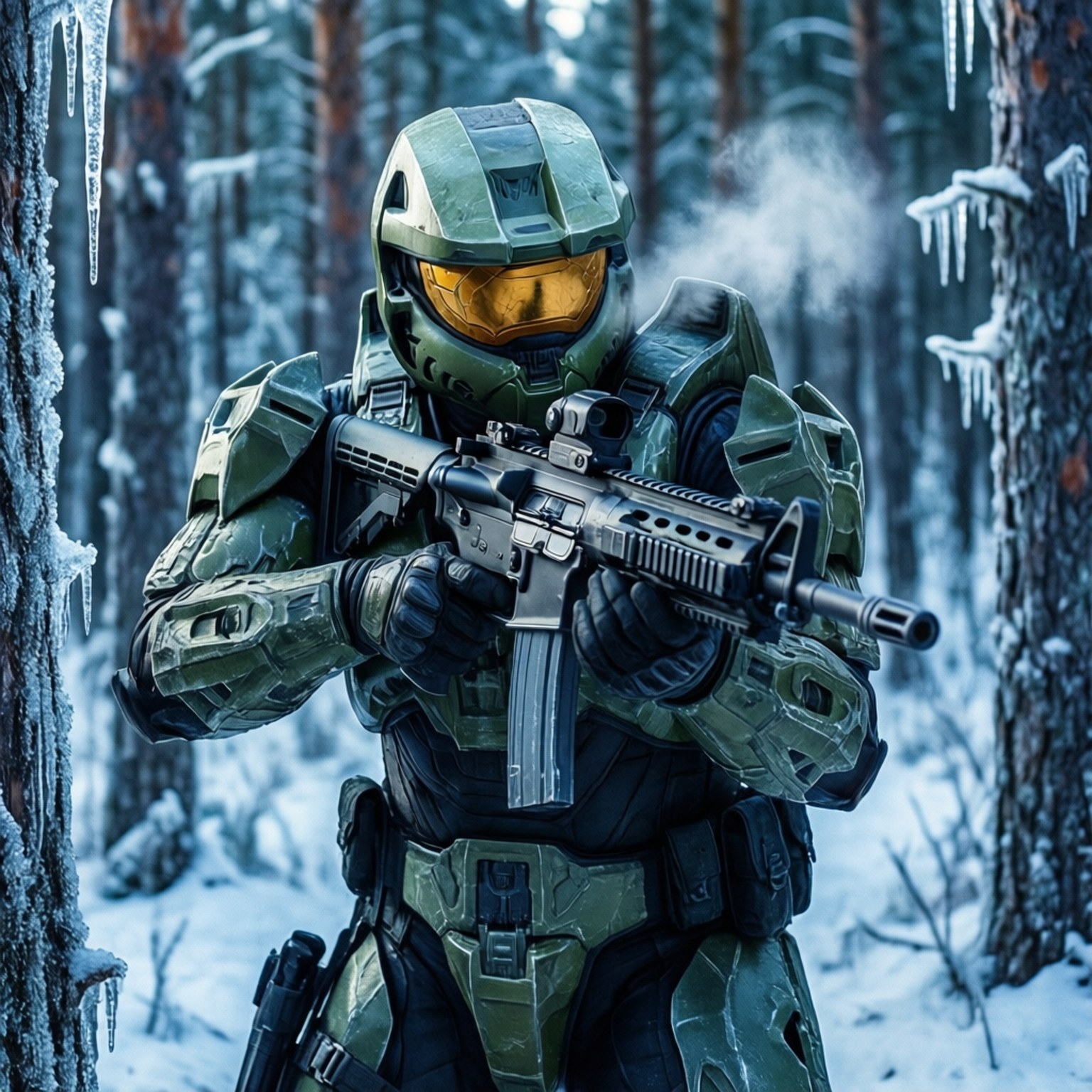 綠色裝甲士兵在雪地森林中持步槍，有冰柱