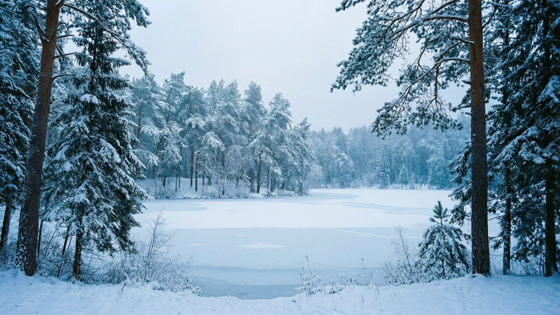 積雪的松樹在寧靜的冬日森林中框住了一個冰凍的湖泊。