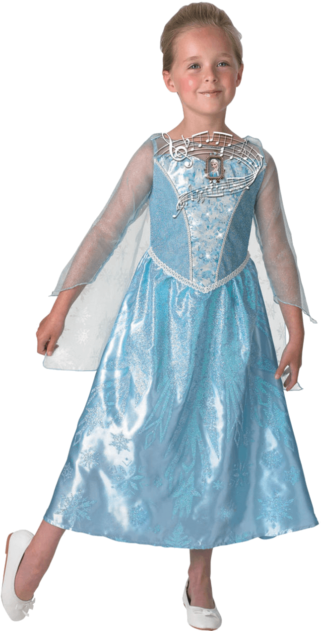 小女孩穿艾莎 Frozen 服裝 壁紙 — 一個小女孩穿著淺藍色愛莎服裝，上身有雪花圖案和音符，微笑著。