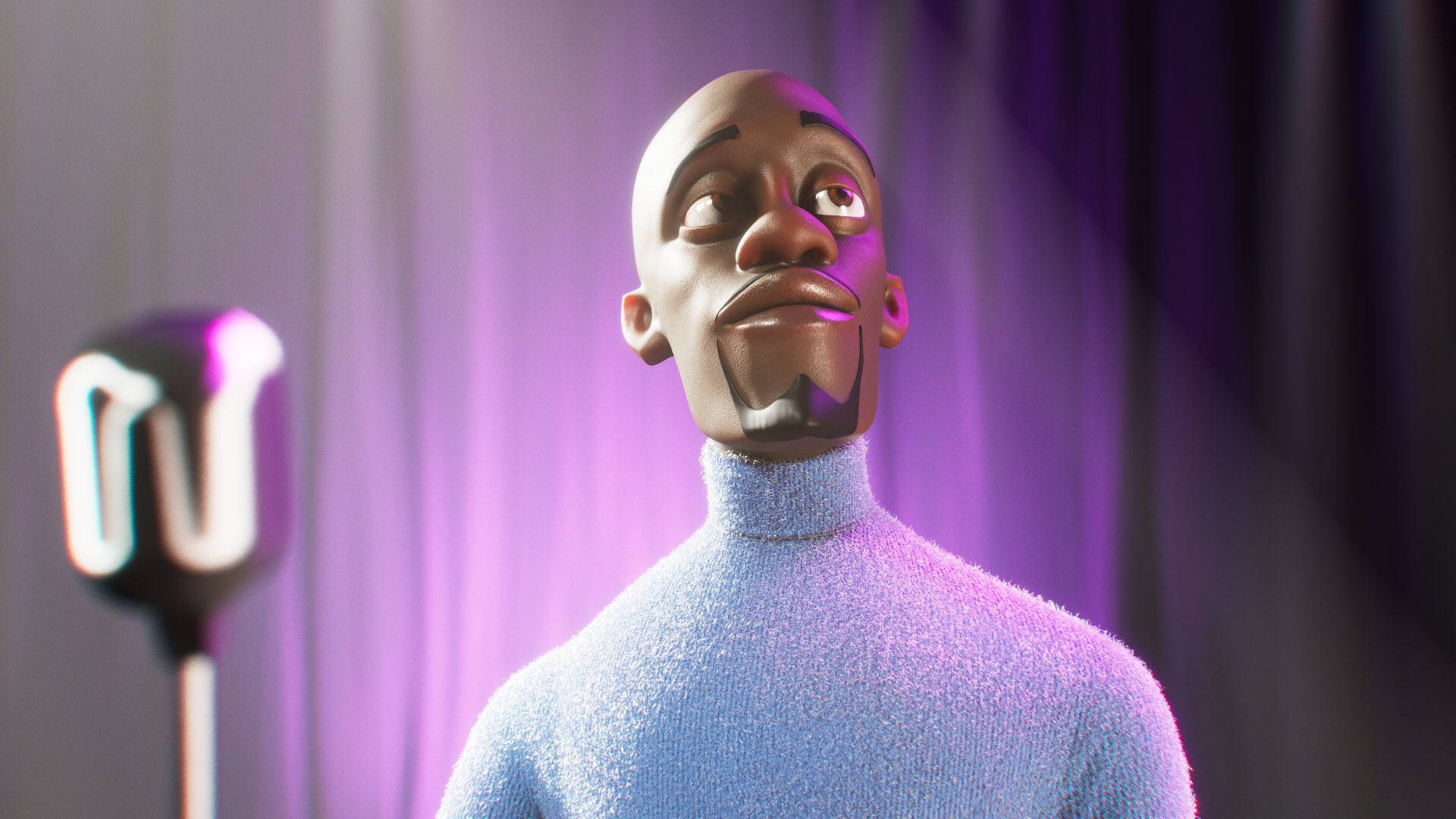 Frozone 3D 藝術 壁紙 — 一個風格化的動畫男子穿著毛茸茸的藍色高領毛衣，在紫色舞台燈光下，在發光的麥克風旁邊向上凝視。