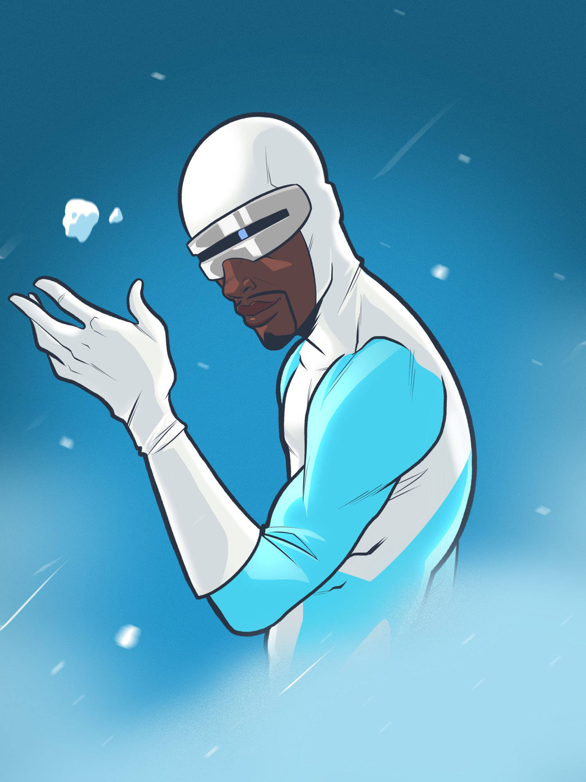 Frozone 側面藝術 壁紙 — 一位身穿白色和藍色套裝的超級英雄，在清涼的藍色背景下用手操控雪花。