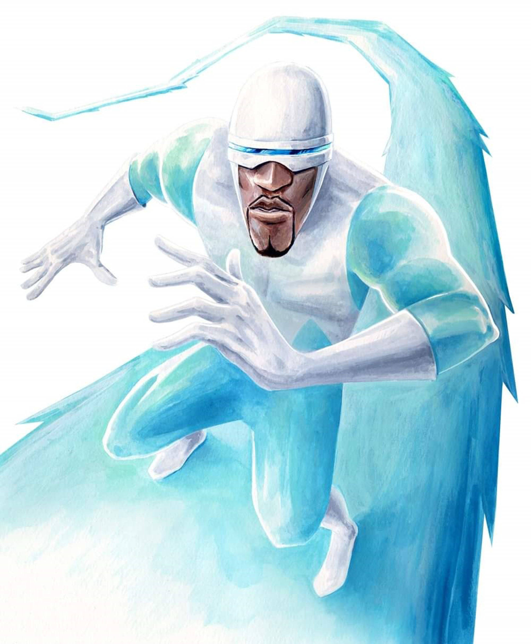 Frozone 冰上衝浪穿越城市！ 壁紙 — 一位身穿飄逸藍白套裝、披風和面具的超級英雄，帶著強烈的專注力向前猛衝。