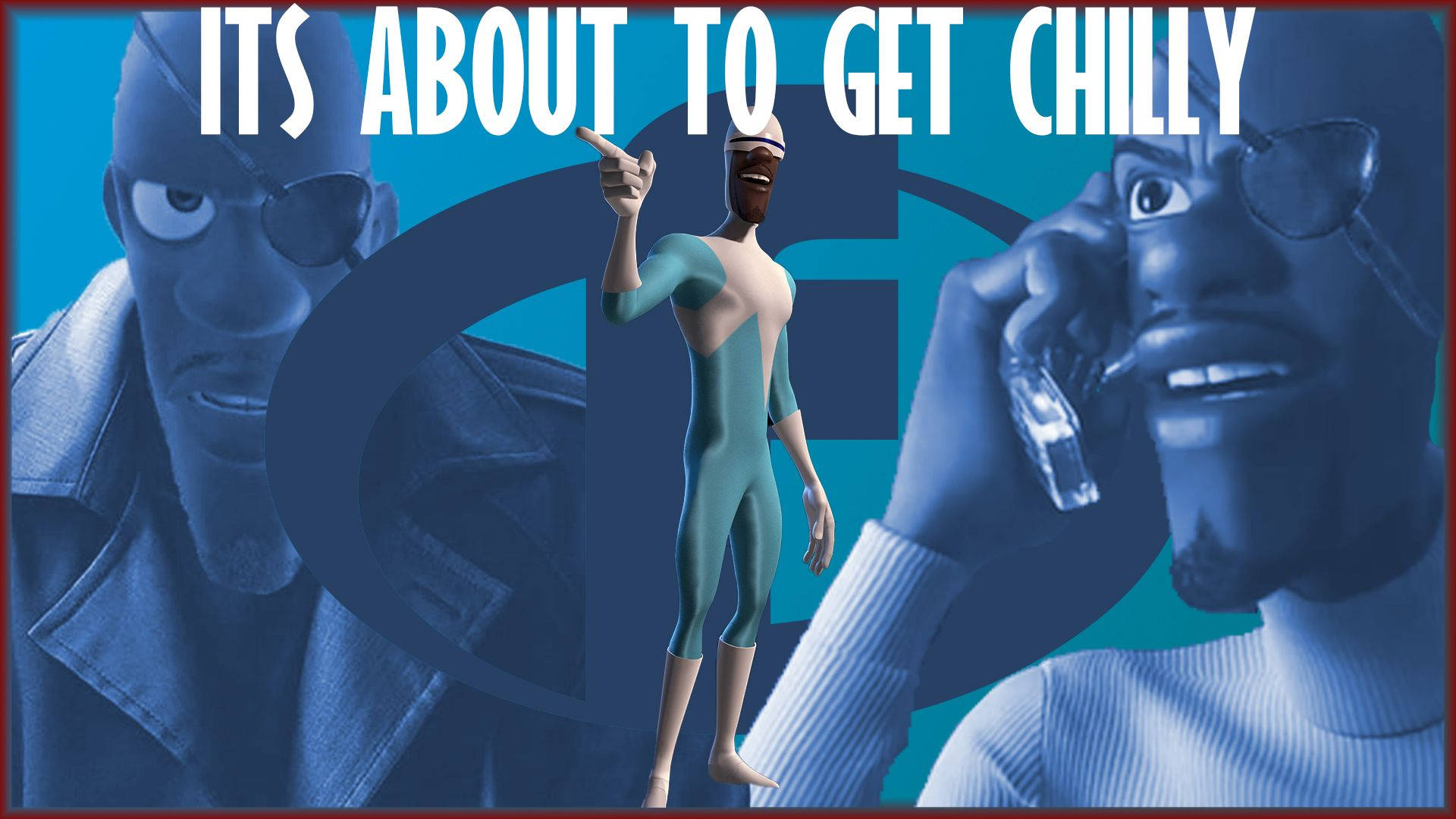 Frozone 眼罩藝術 壁紙 — 一個風格化的動畫角色穿著青綠色連體衣，在藍色背景前指向前方，背景中有兩個較大的陰影人物和粗體文字「ITS ABOUT TO GET CHILLY」。