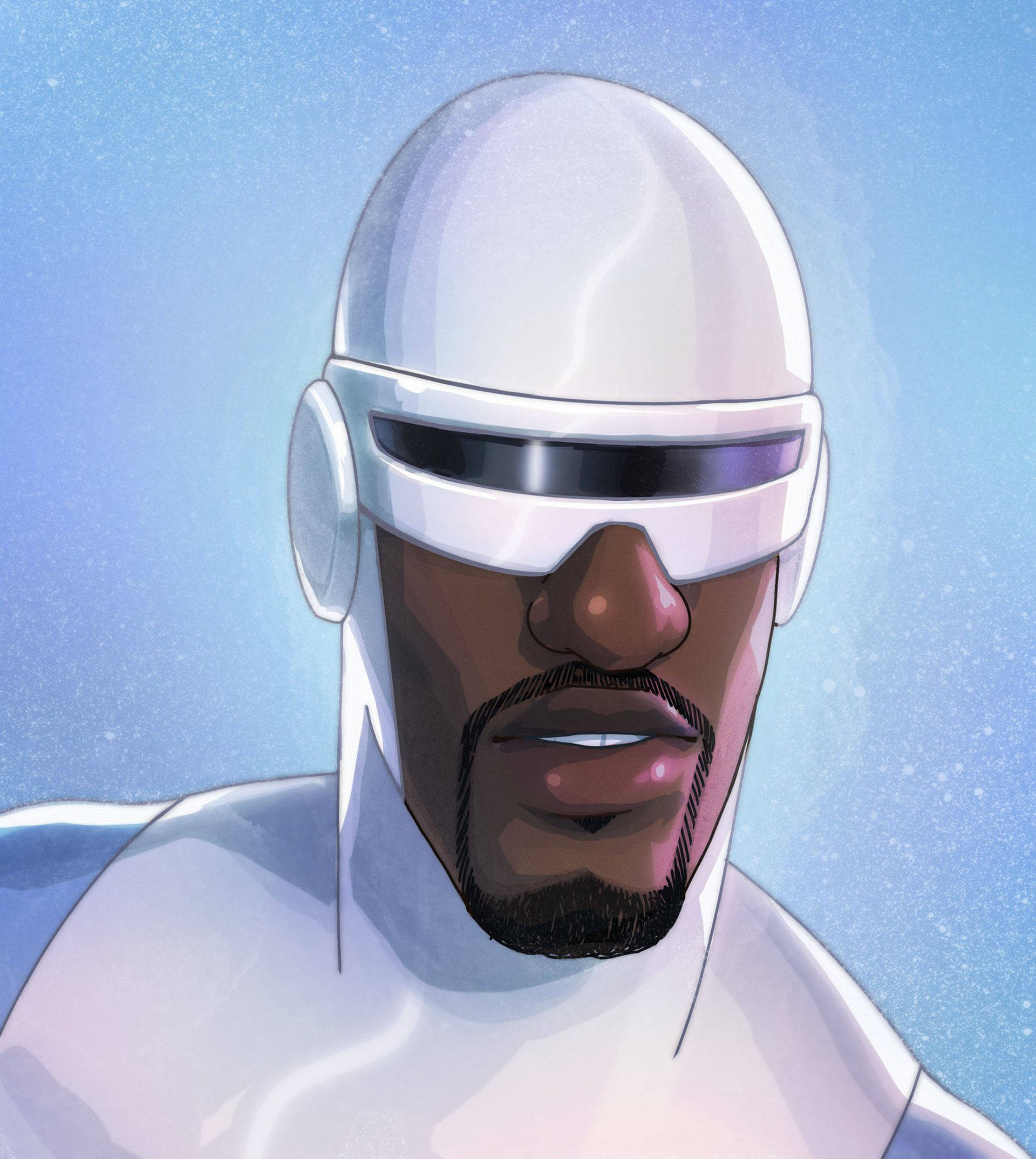 Frozone 頭像繪畫 壁紙 — 一位未來超級英雄，戴著白色頭盔和面罩，站在繁星點點的藍天下。