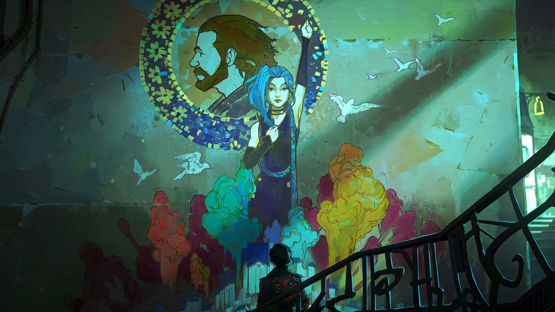  壁紙 — 一幅充滿活力的壁畫描繪了一個藍髮人物和一個鬍鬚男，在褪色的牆上，周圍是彩色煙霧和飛鳥。