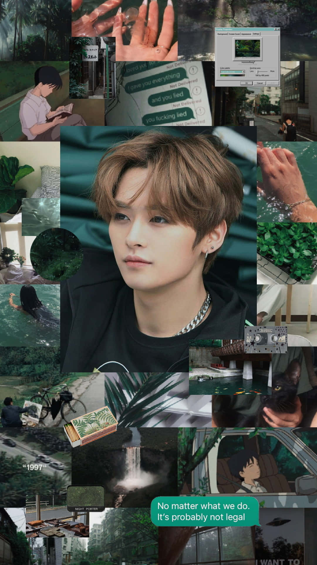 一幅拼貼畫，包含年輕男子、動漫場景、綠植、水和數位元素。 — Stray kids GIF 壁紙
