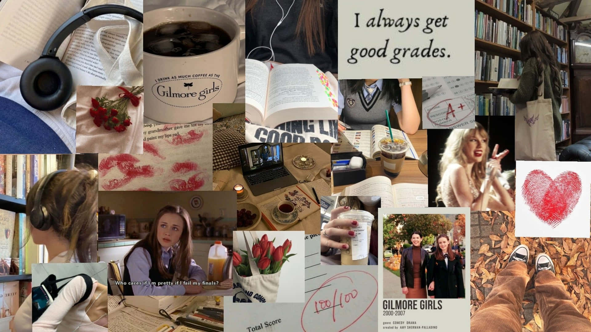 壁紙 — 一幅充滿活力的拼貼畫，以咖啡、書籍、Gilmore Girls 語錄和學生成就來慶祝學術成功。