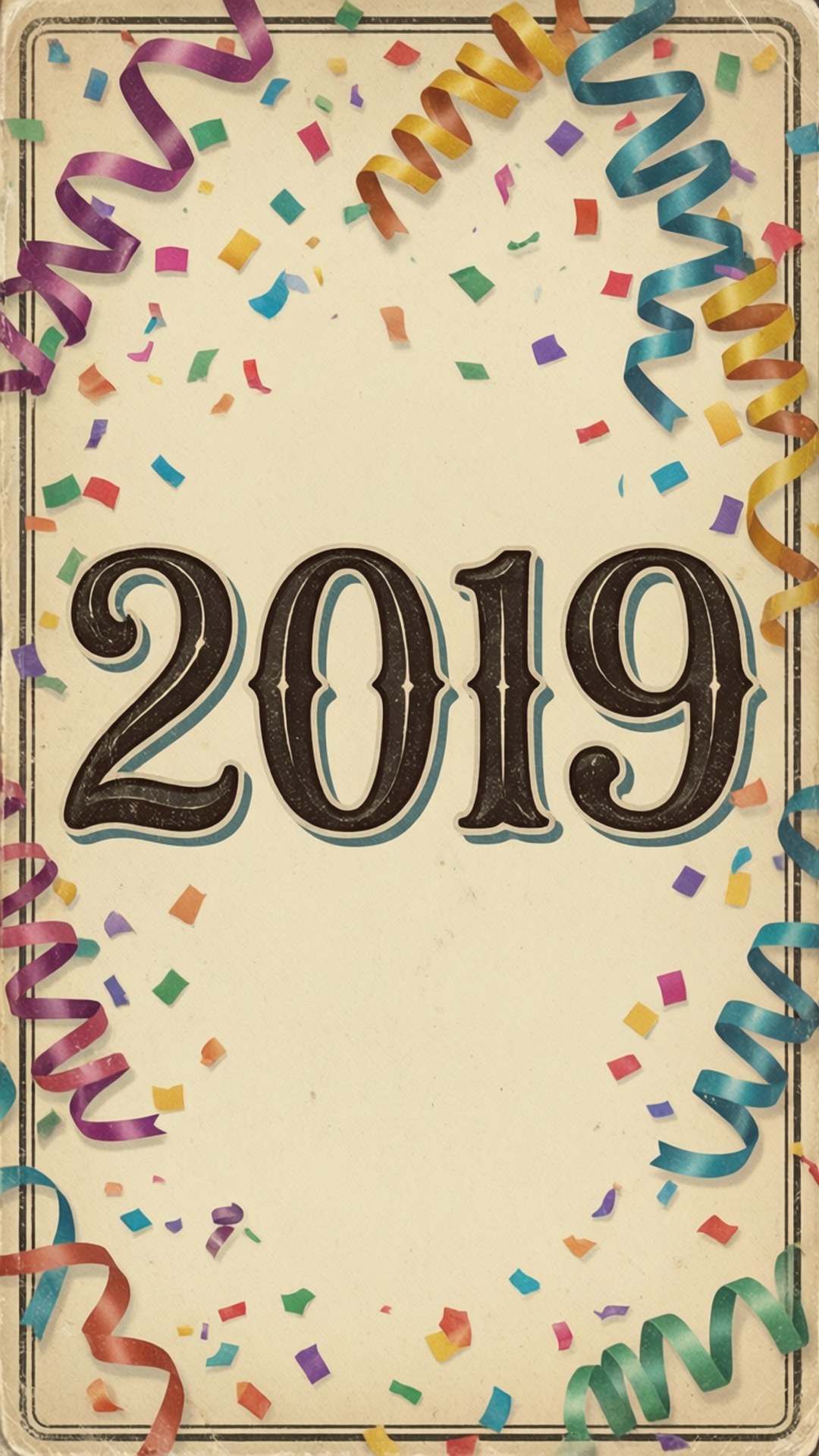 Retro 2019 Confetti 壁紙 — 復古2019年新年賀卡，奶油色背景上以粗體黑色數字為中心，周圍環繞著五彩紙屑和絲帶。