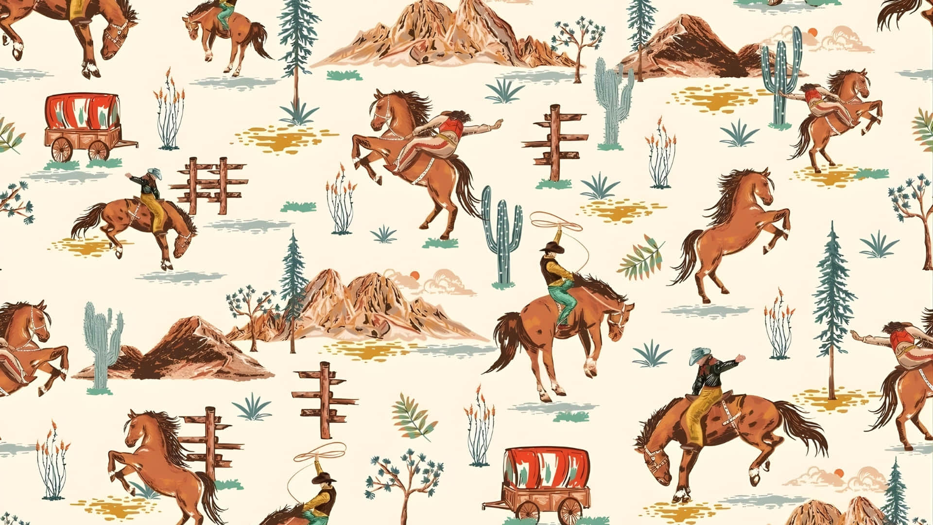  壁紙 — 復古插畫西部場景，牛仔騎馬和驛馬車穿梭於仙人掌山脈和松樹之間。