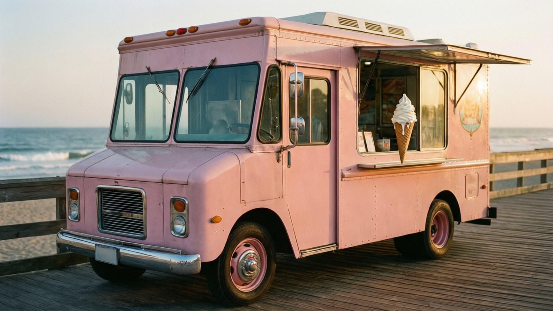 Ice Cream Truck 桌布 壁紙 — 一輛復古粉紅色雪糕車停泊在木製碼頭上，背景是日落時分的海浪。