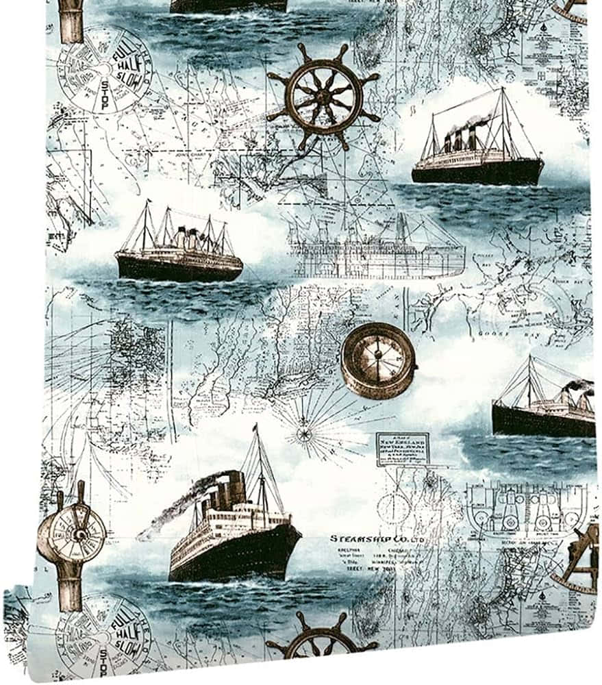 Nautical 桌布 壁紙 — 復古航海風格牆紙，以藍色和棕褐色調呈現蒸汽船、指南針和地圖。