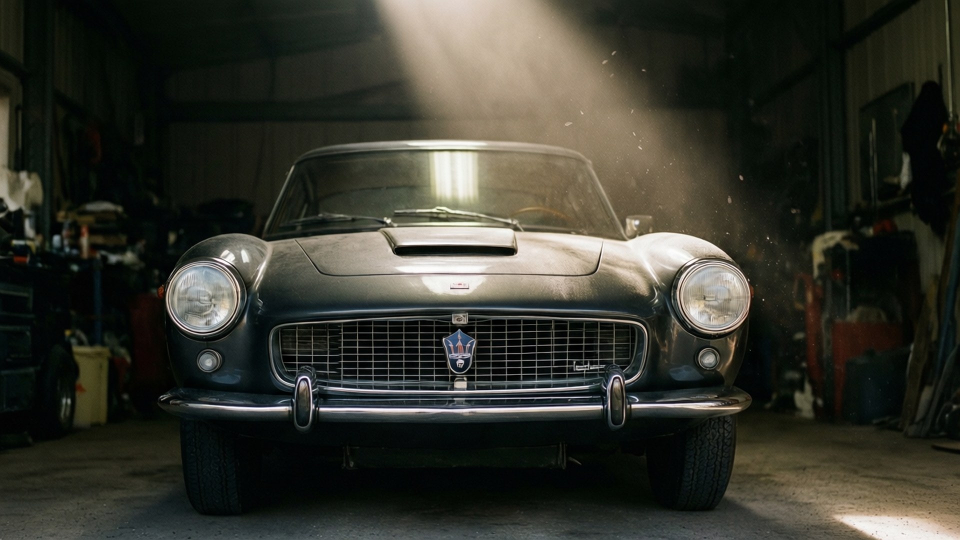 Maserati 3500 Gt 桌布 壁紙 — 一輛復古黑色跑車停在佈滿灰塵的車庫中，沐浴在從上方灑落的戲劇性陽光下。
